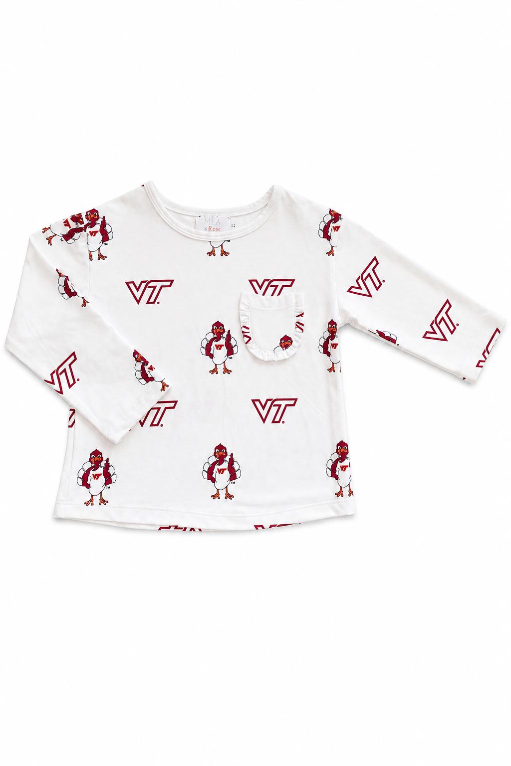 Virginia Tech White Hokie L/S Ruffle Pocket Tee - Aaria Tees Aaria Tees