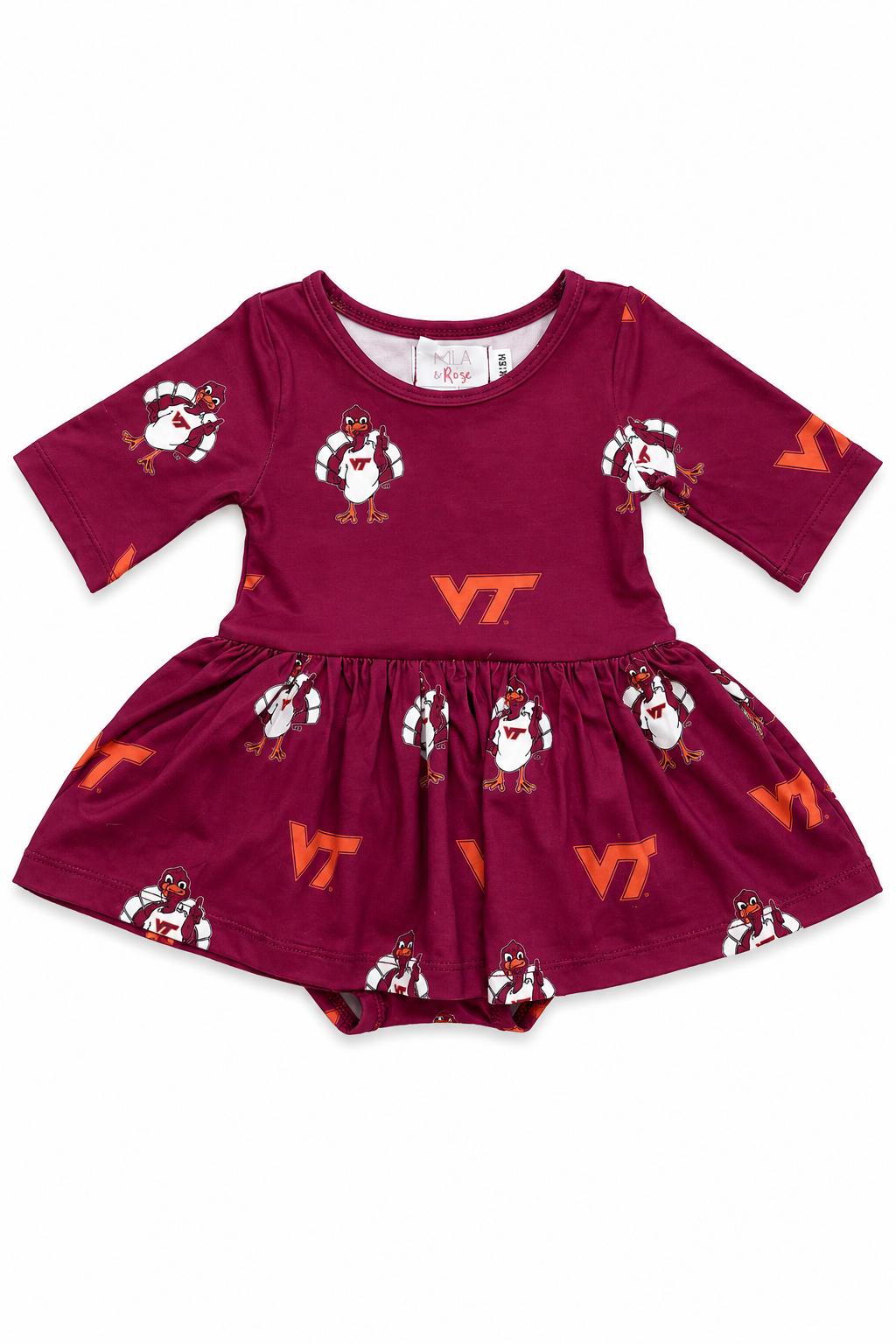 Virginia Tech Maroon Hokie 3/4 Sleeve Twirl Bodysuit - Aaria Tees Aaria Tees