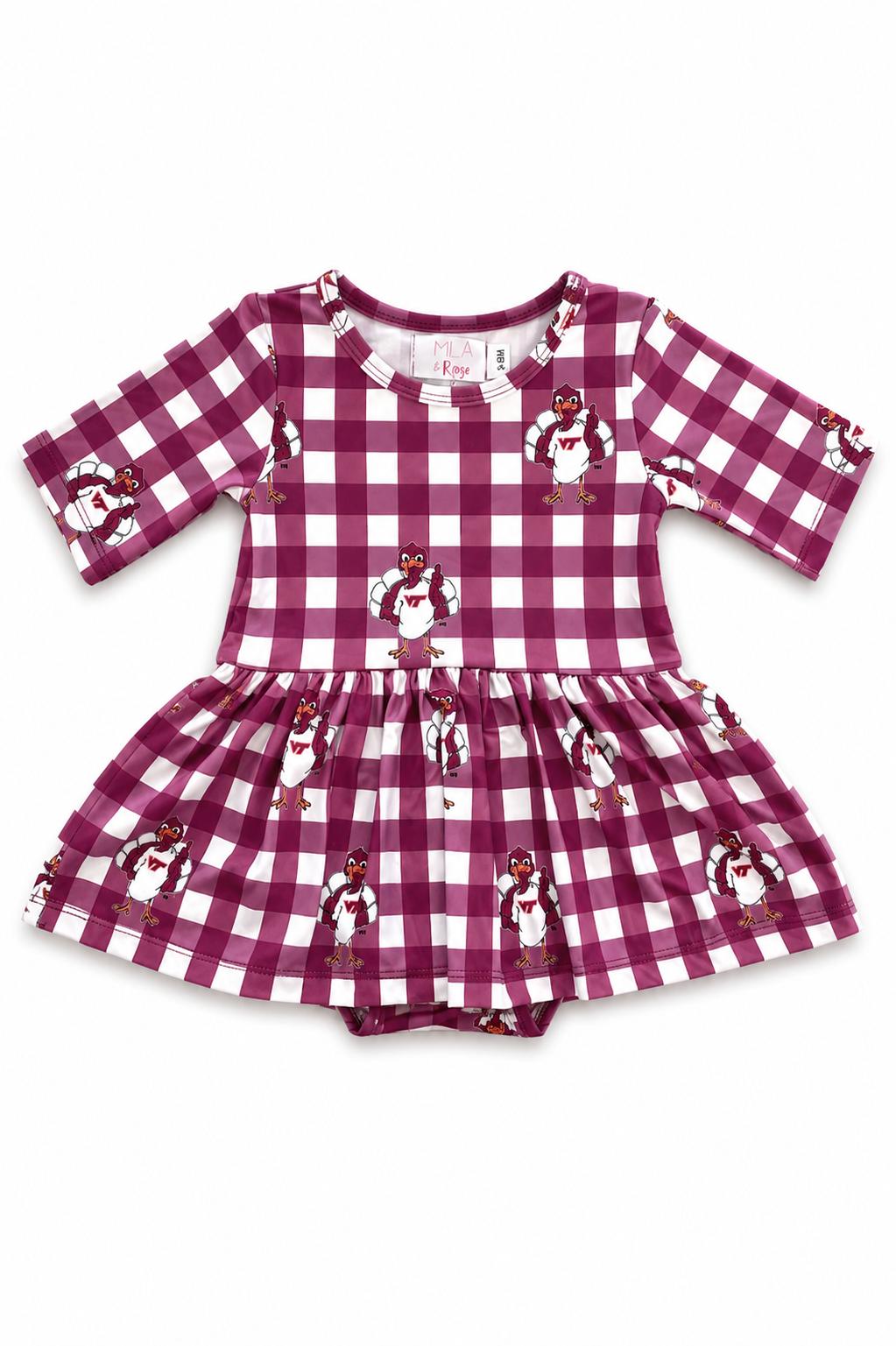 Virginia Tech Plaid Hokie 3/4 Sleeve Twirl Bodysuit - Aaria Tees Aaria Tees