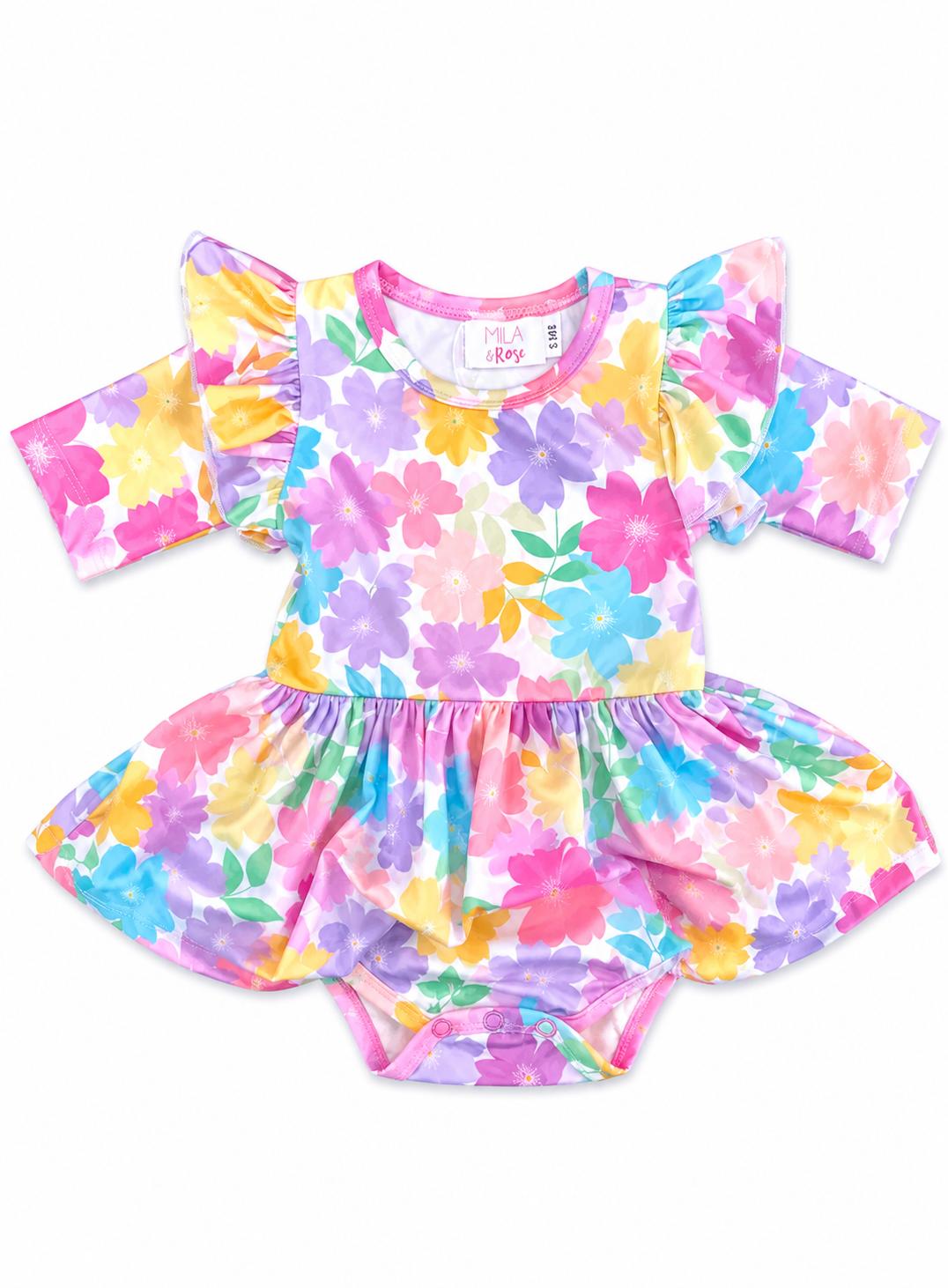 Colorful Carnations 3/4 Sleeve Flutter Twirl Bodysuit - Aaria Tees Aaria Tees