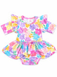 Colorful Carnations 3/4 Sleeve Flutter Twirl Bodysuit - Aaria Tees Aaria Tees