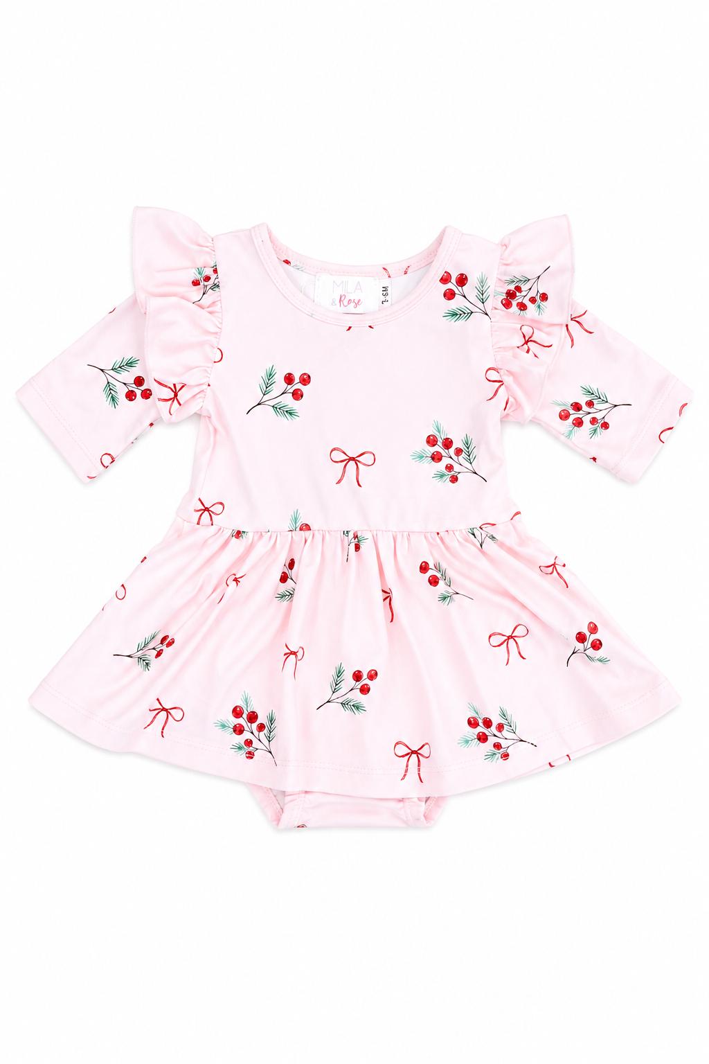 Winter Berries 3/4 Sleeve Flutter Twirl Bodysuit - Aaria Tees