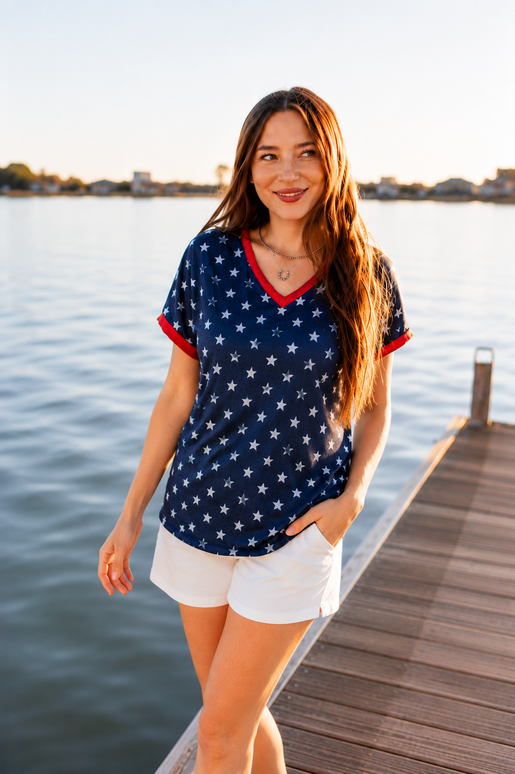 Blue and White Stars V-Neck Top - Aaria Tees Aaria Tees