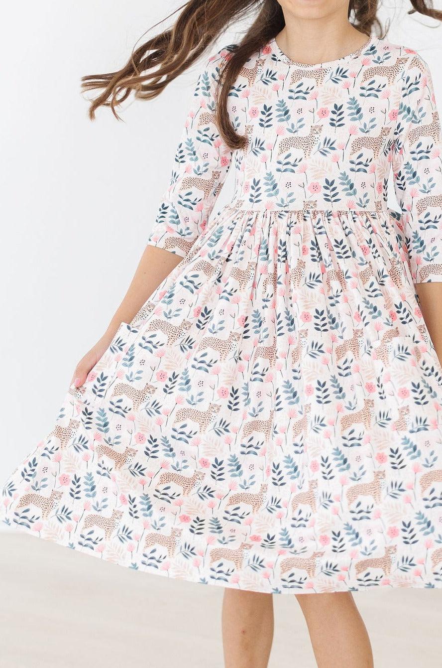 Cheetah Girl 3/4 Sleeve Pocket Twirl Dress - Aaria Tees Aaria Tees
