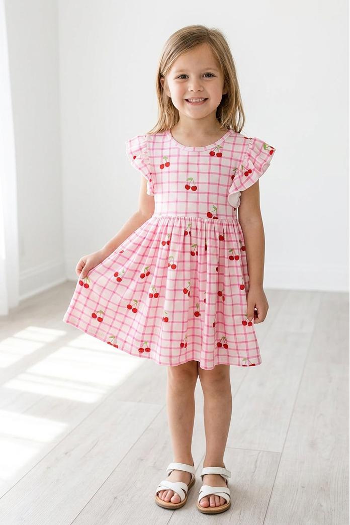 Cherry Sweet Flutter Sleeve Twirl Dress - Aaria Tees Aaria Tees