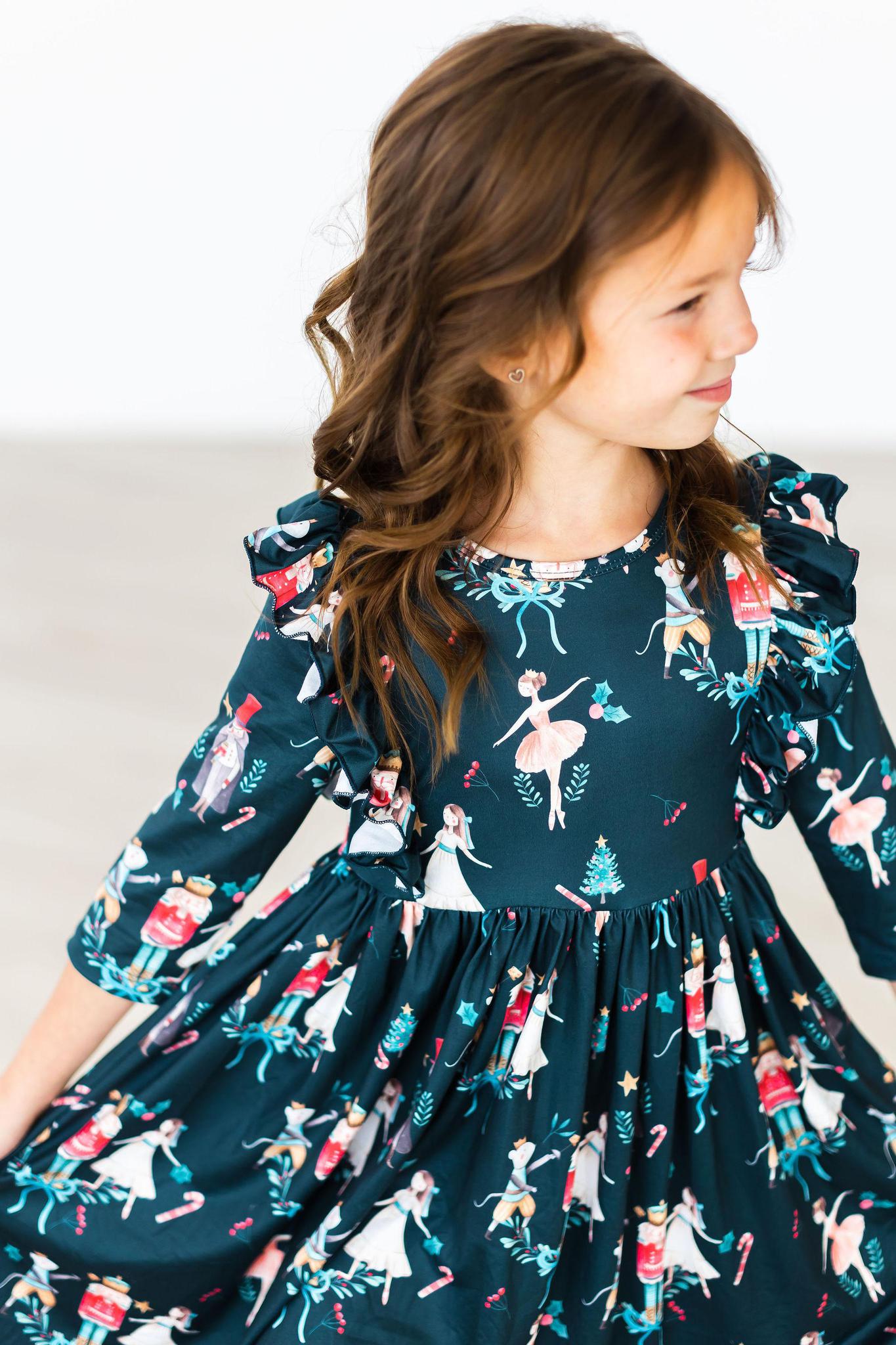 Christmas Ballet 3/4 Sleeve Ruffle Twirl Dress - Aaria Tees Aaria Tees