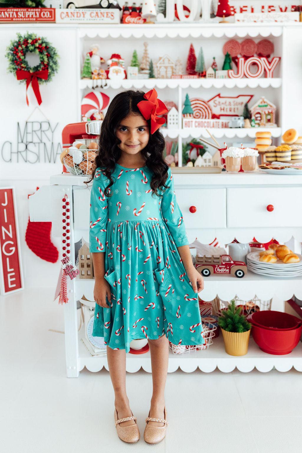 Christmas Candy 3/4 Sleeve Pocket Twirl Dress - Aaria Tees Aaria Tees