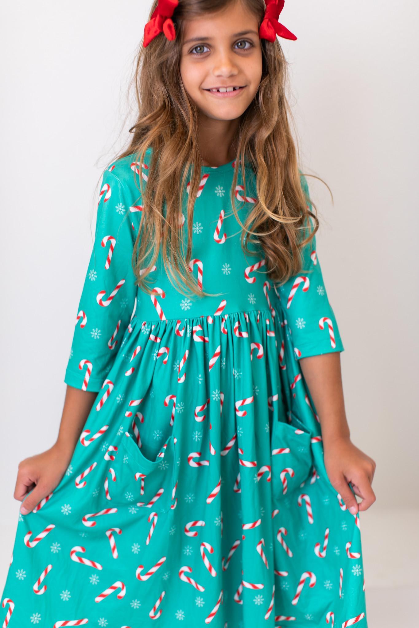 Christmas Candy 3/4 Sleeve Pocket Twirl Dress - Aaria Tees Aaria Tees