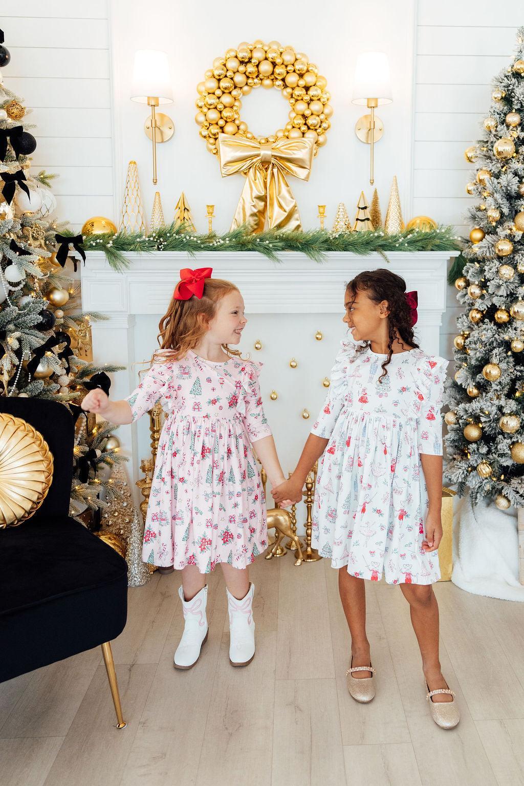 Clara's Christmas 3/4 Sleeve Ruffle Twirl Dress - Aaria Tees Aaria Tees