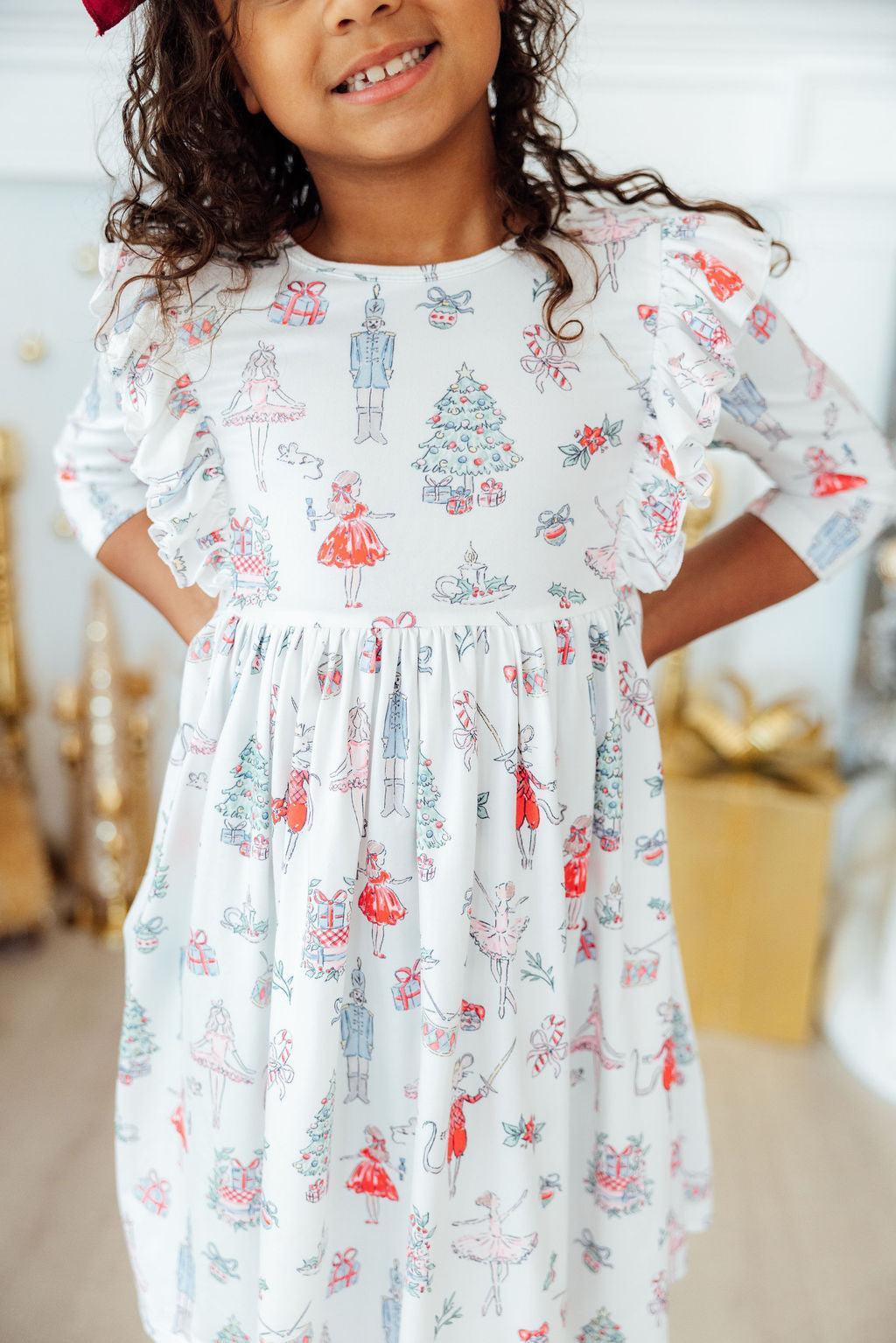 Clara's Christmas 3/4 Sleeve Ruffle Twirl Dress - Aaria Tees Aaria Tees