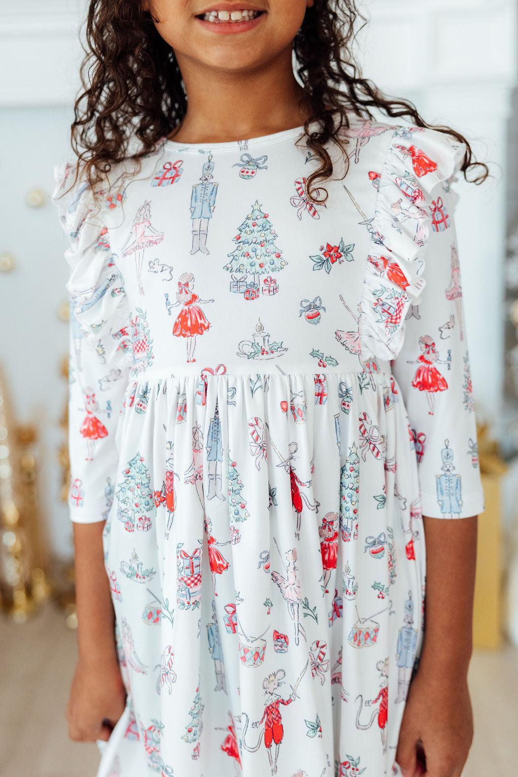 Clara's Christmas 3/4 Sleeve Ruffle Twirl Dress - Aaria Tees