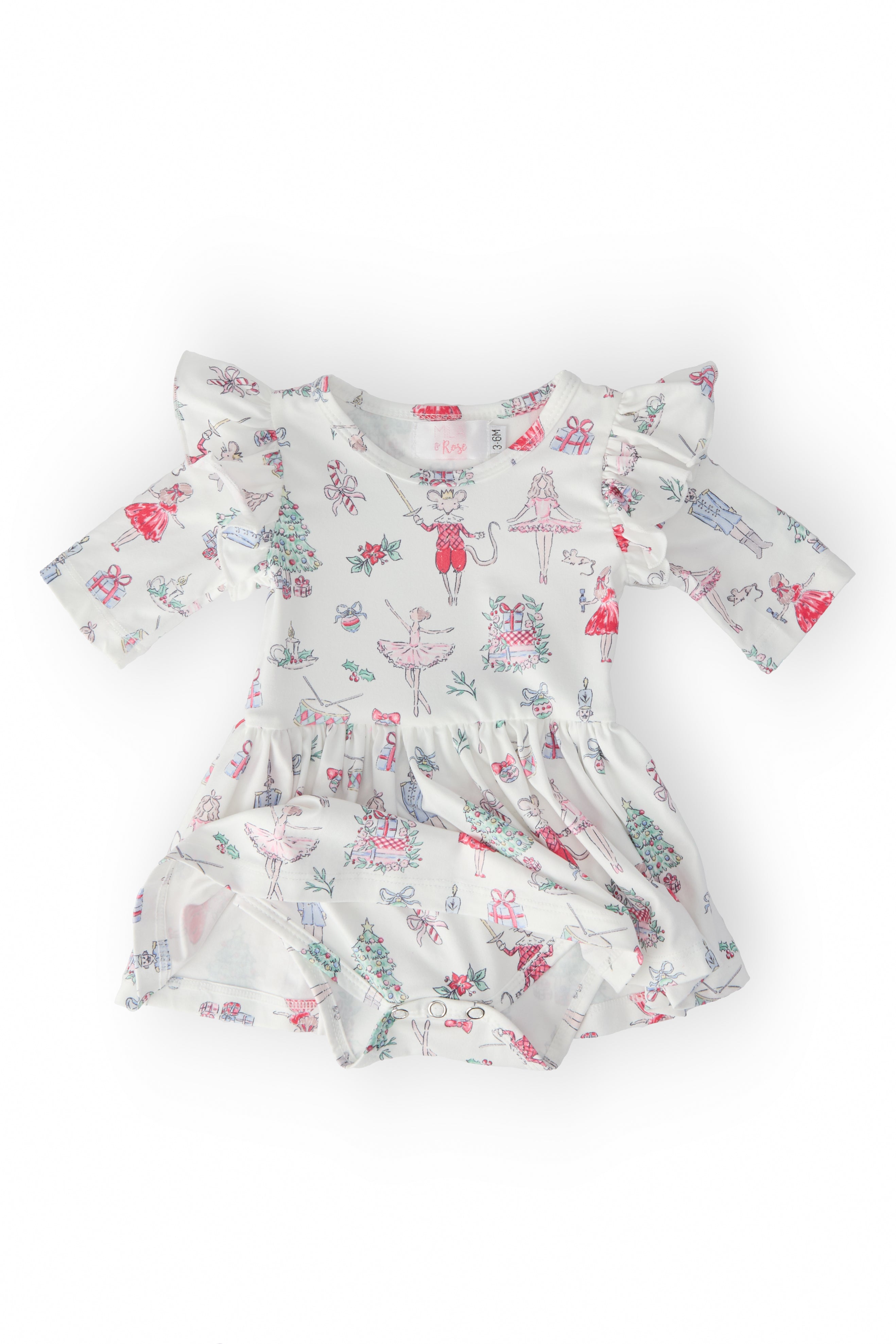 Clara's Christmas 3/4 Sleeve Flutter Twirl Bodysuit - Aaria Tees Aaria Tees