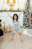 Classic Christmas 3/4 Sleeve Ruffle Twirl Dress - Aaria Tees Aaria Tees