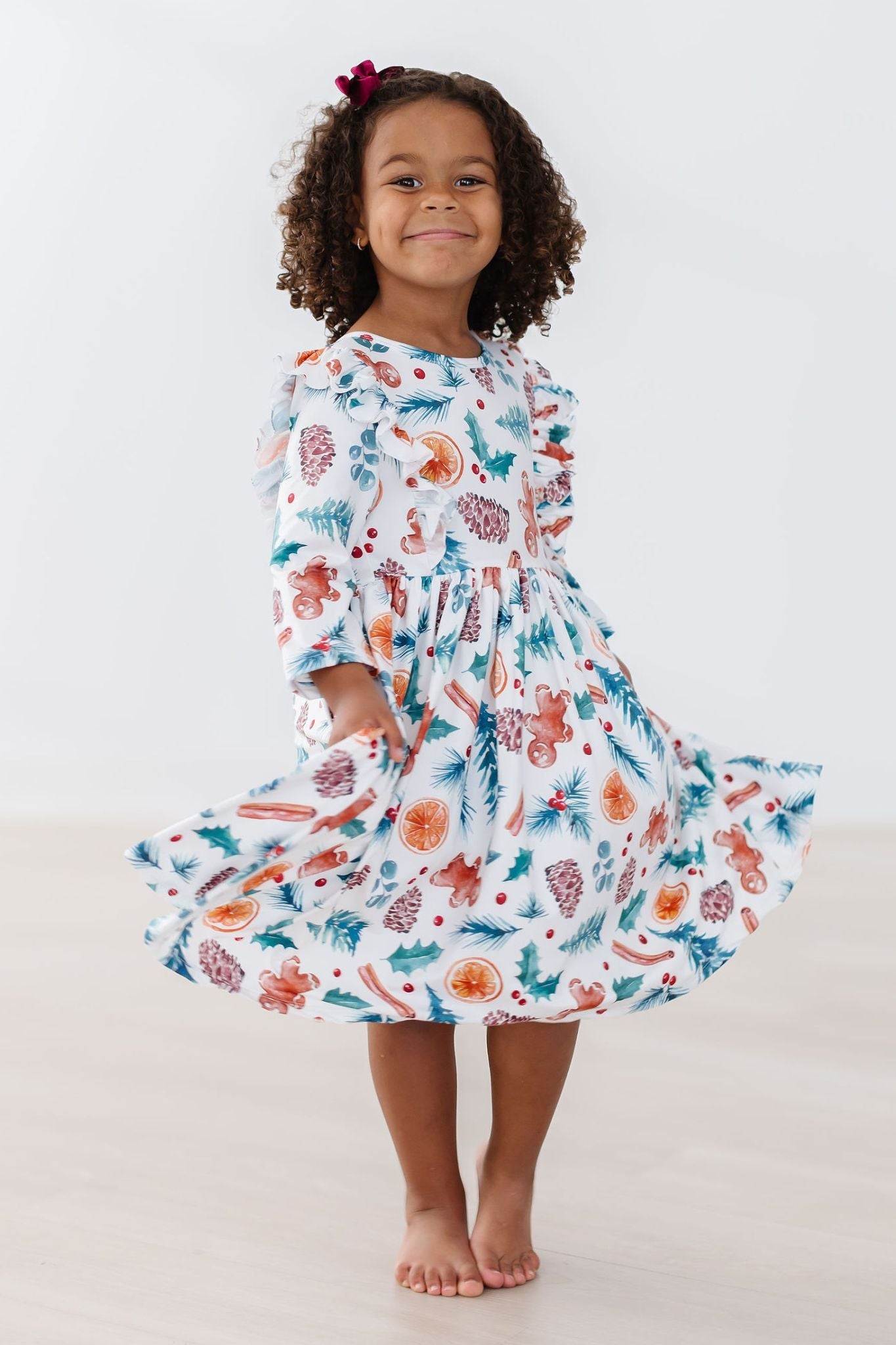 Classic Christmas 3/4 Sleeve Ruffle Twirl Dress - Aaria Tees Aaria Tees