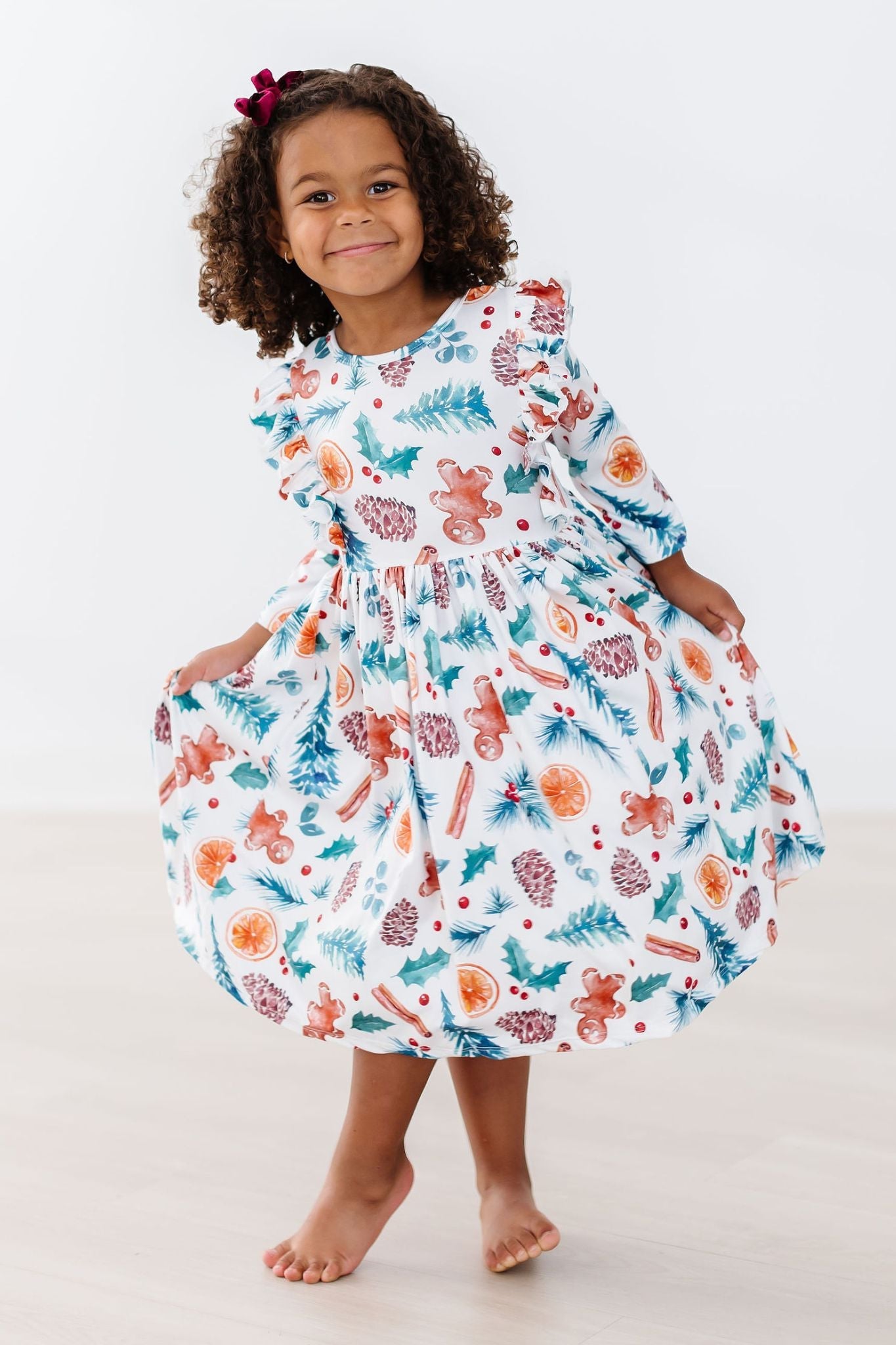 Classic Christmas 3/4 Sleeve Ruffle Twirl Dress - Aaria Tees Aaria Tees