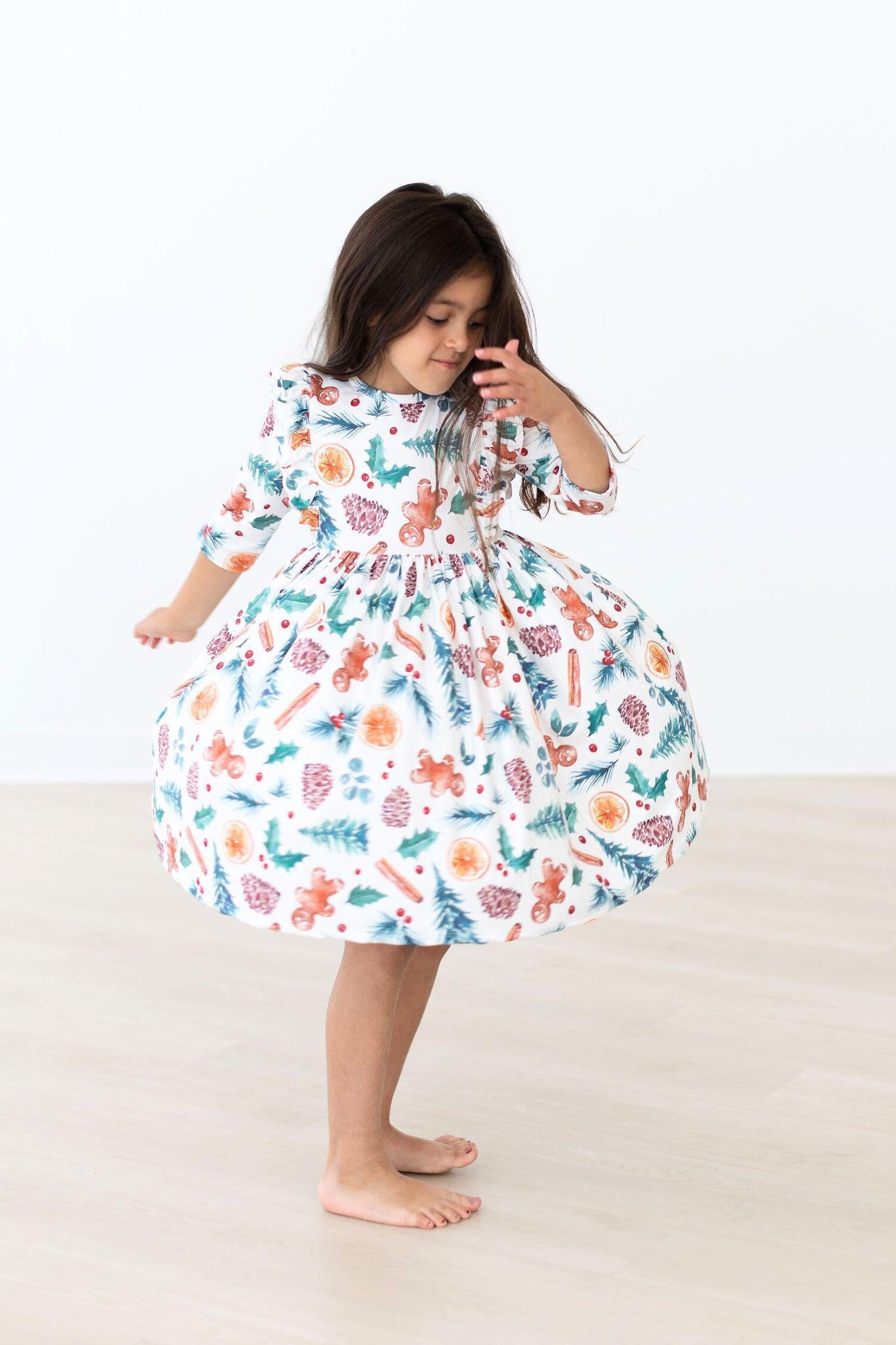 Classic Christmas 3/4 Sleeve Ruffle Twirl Dress - Aaria Tees Aaria Tees