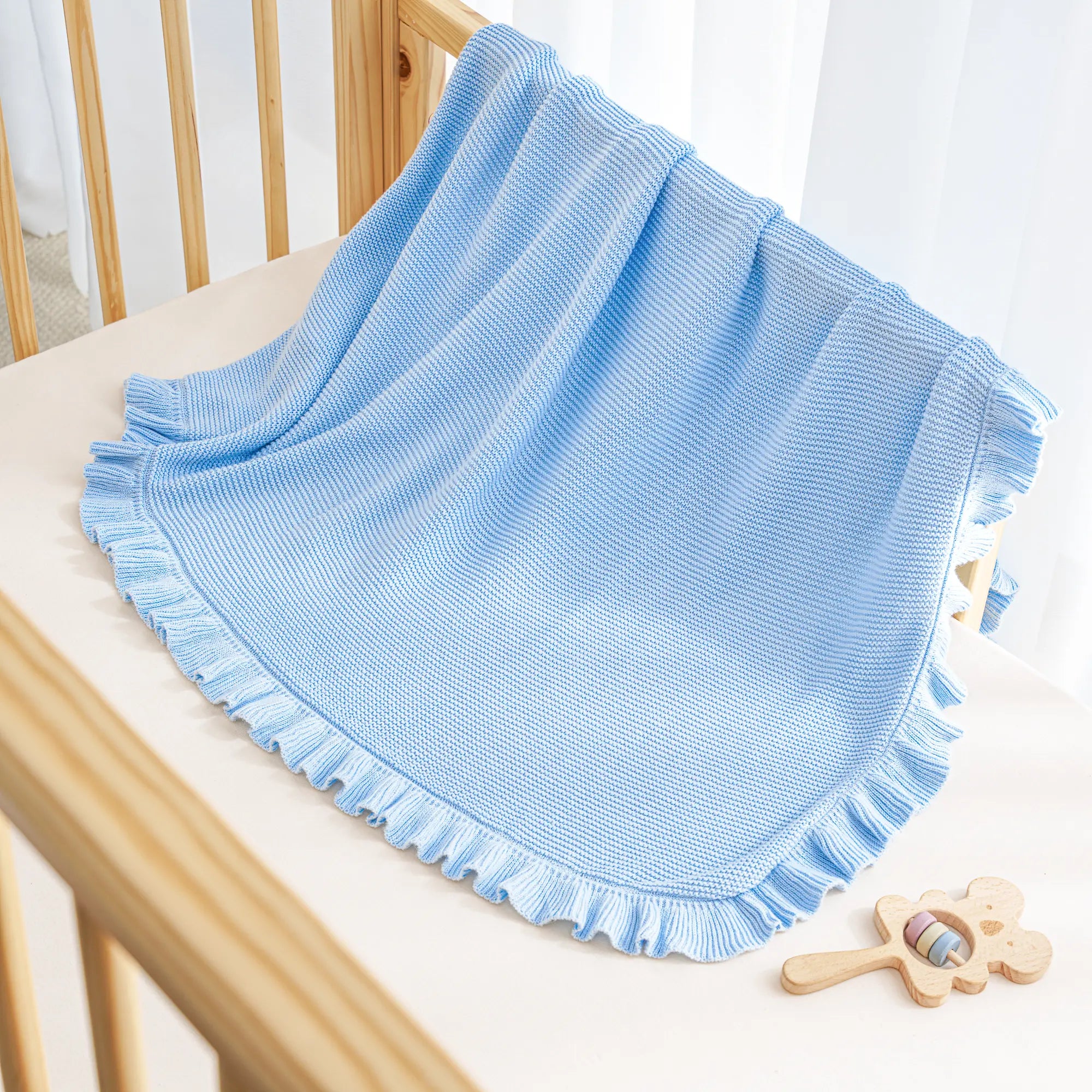 Ruffled Edge Knit Baby Blanket in Baby Blue - Aaria Tees Aaria Tees