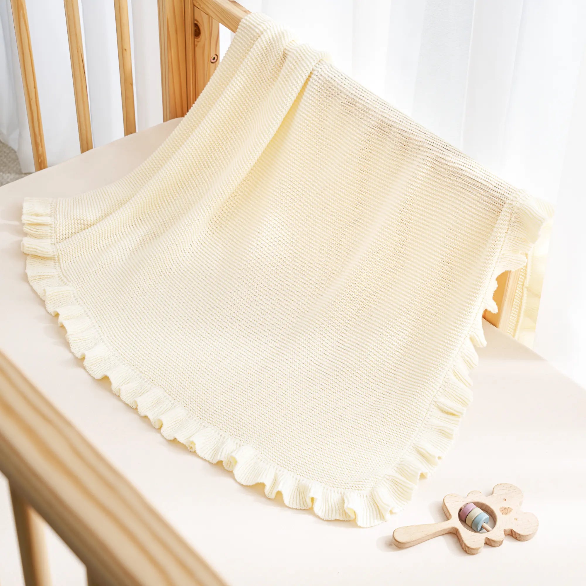 Ruffled Edge Knit Baby Blanket in Cream - Aaria Tees Aaria Tees