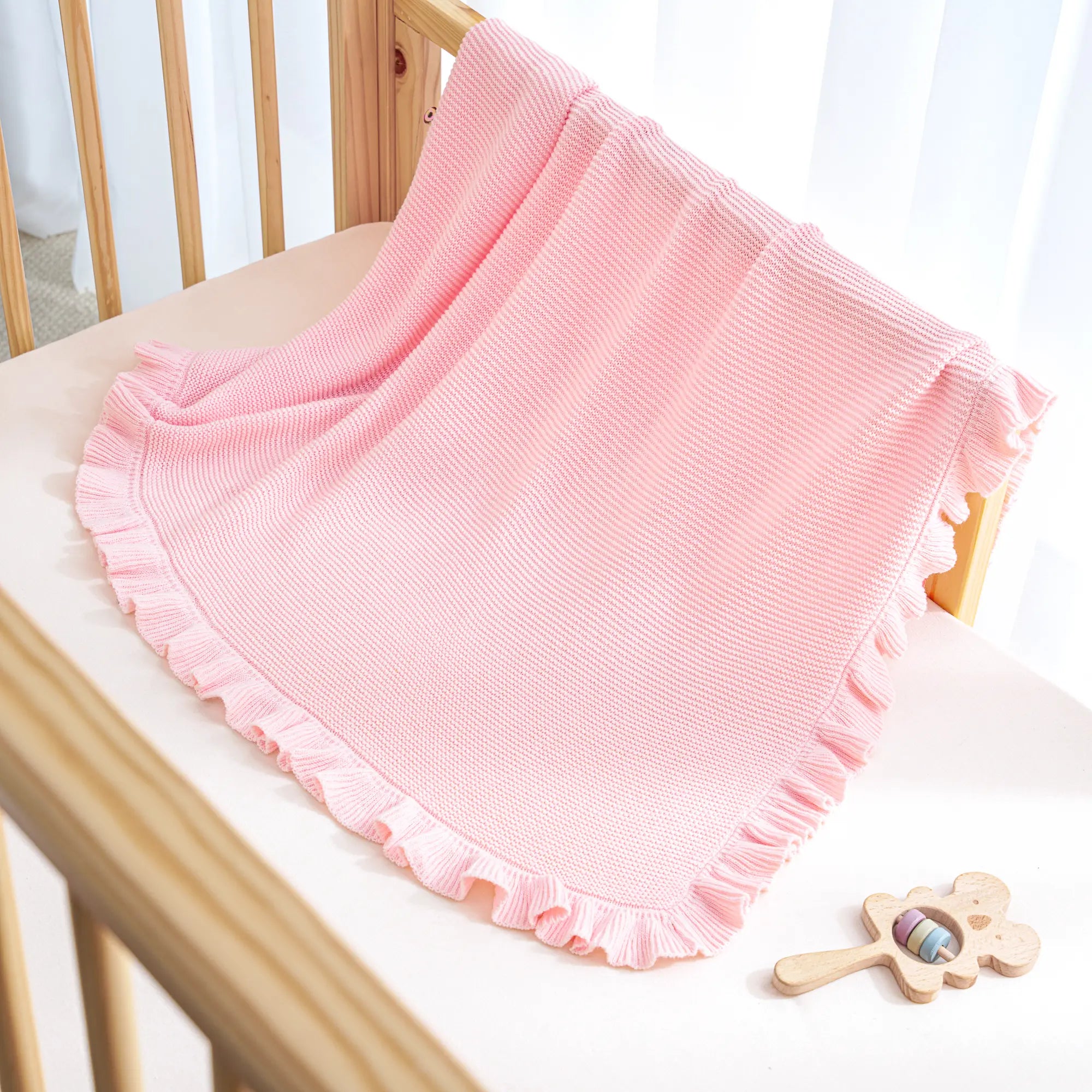 Ruffled Edge Knit Baby Blanket in Pink - Aaria Tees Aaria Tees