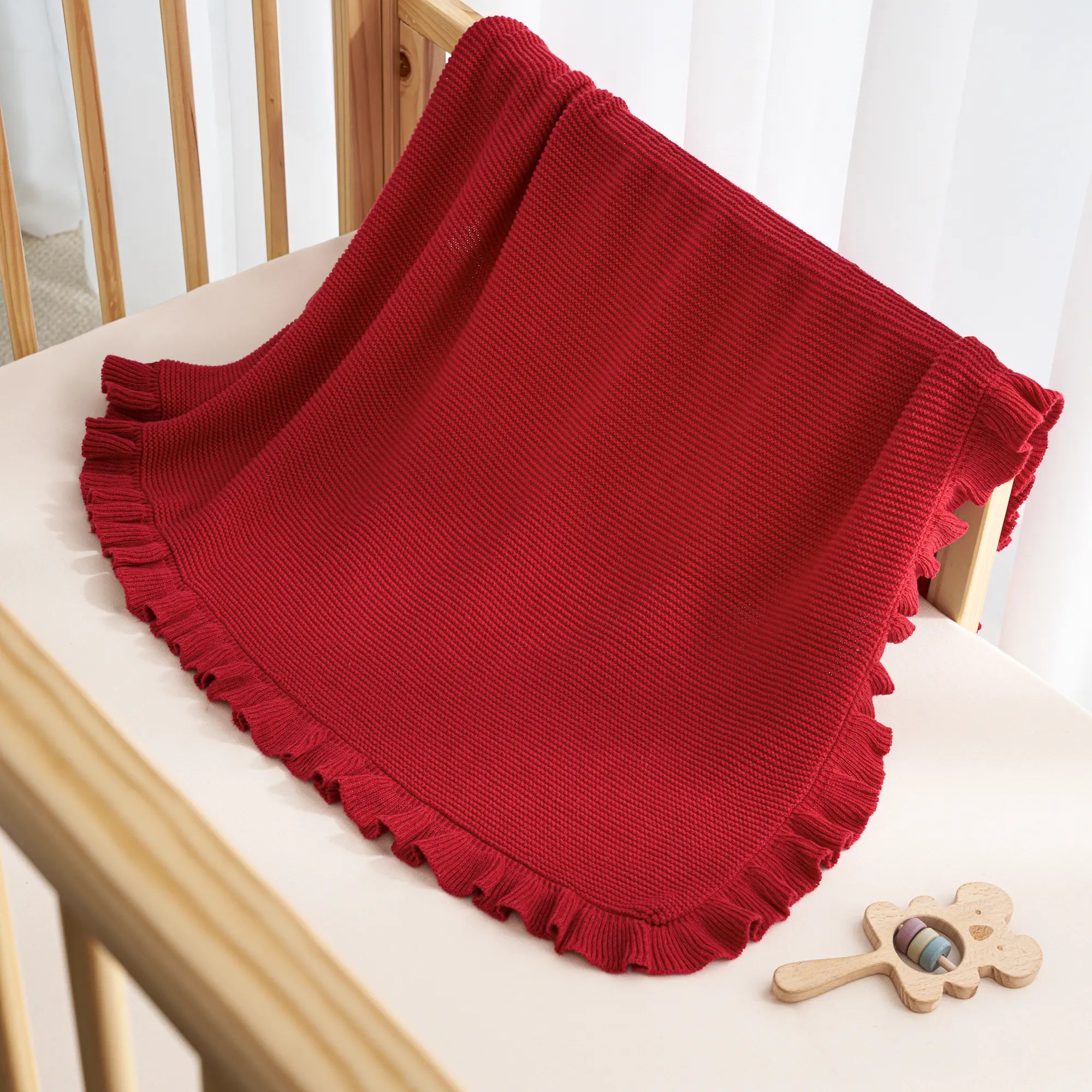 Ruffled Edge Knit Baby Blanket in Red Xmas - Aaria Tees Aaria Tees