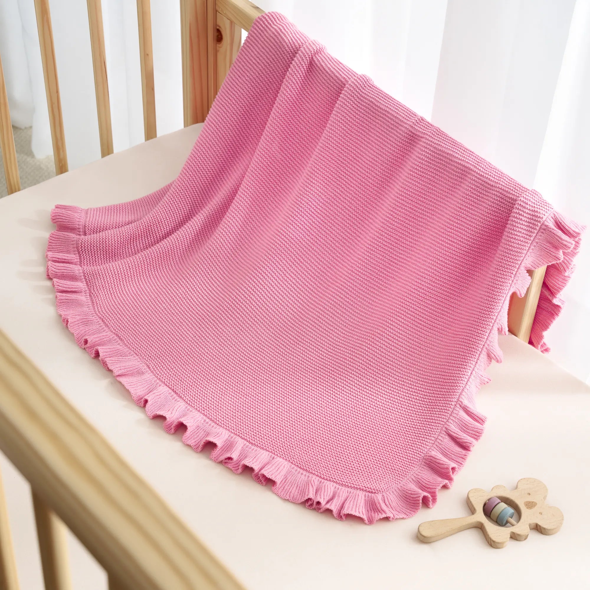Ruffled Edge Knit Baby Blanket in Rose Pink - Aaria Tees Aaria Tees