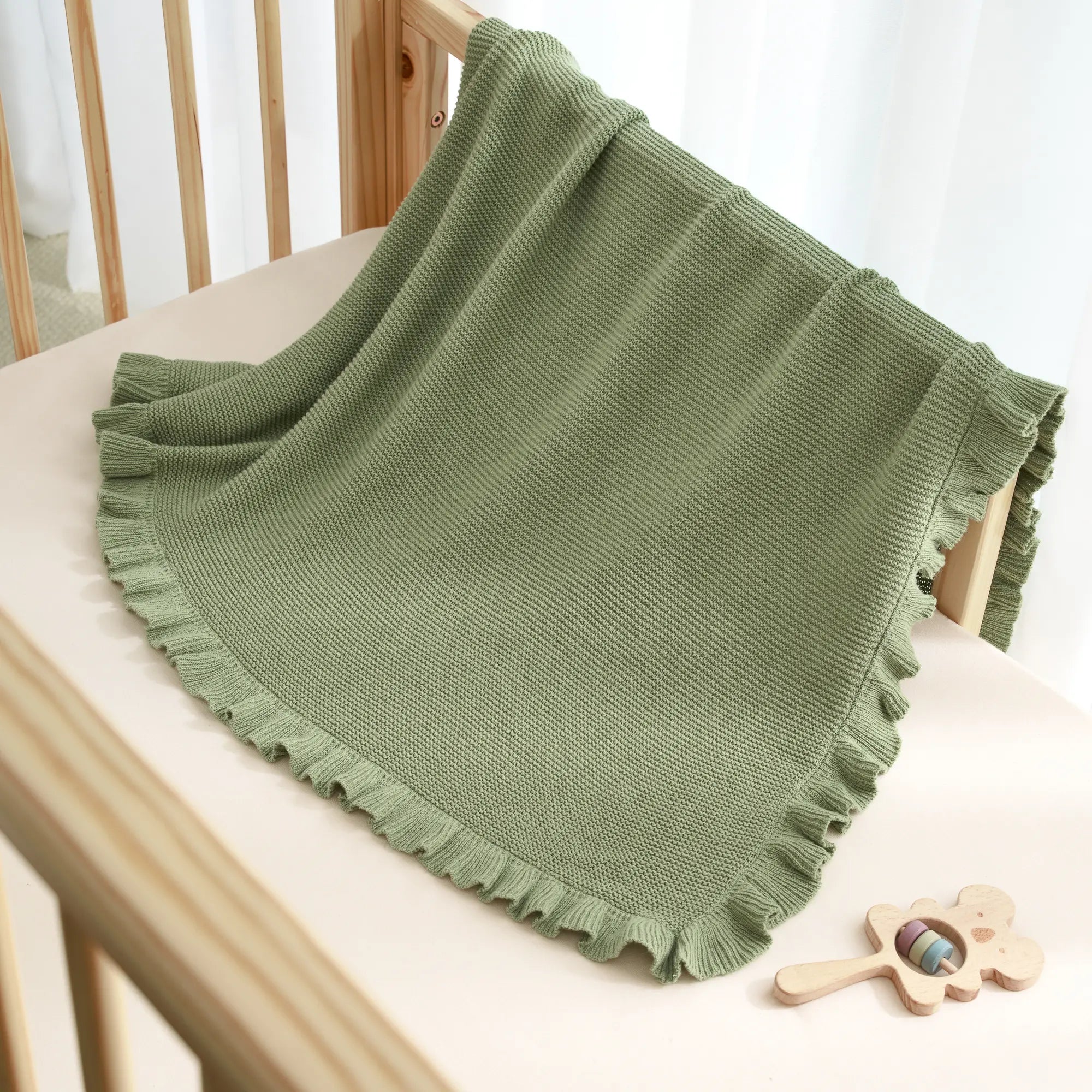 Ruffled Edge Knit Baby Blanket in Sage Green - Aaria Tees Aaria Tees