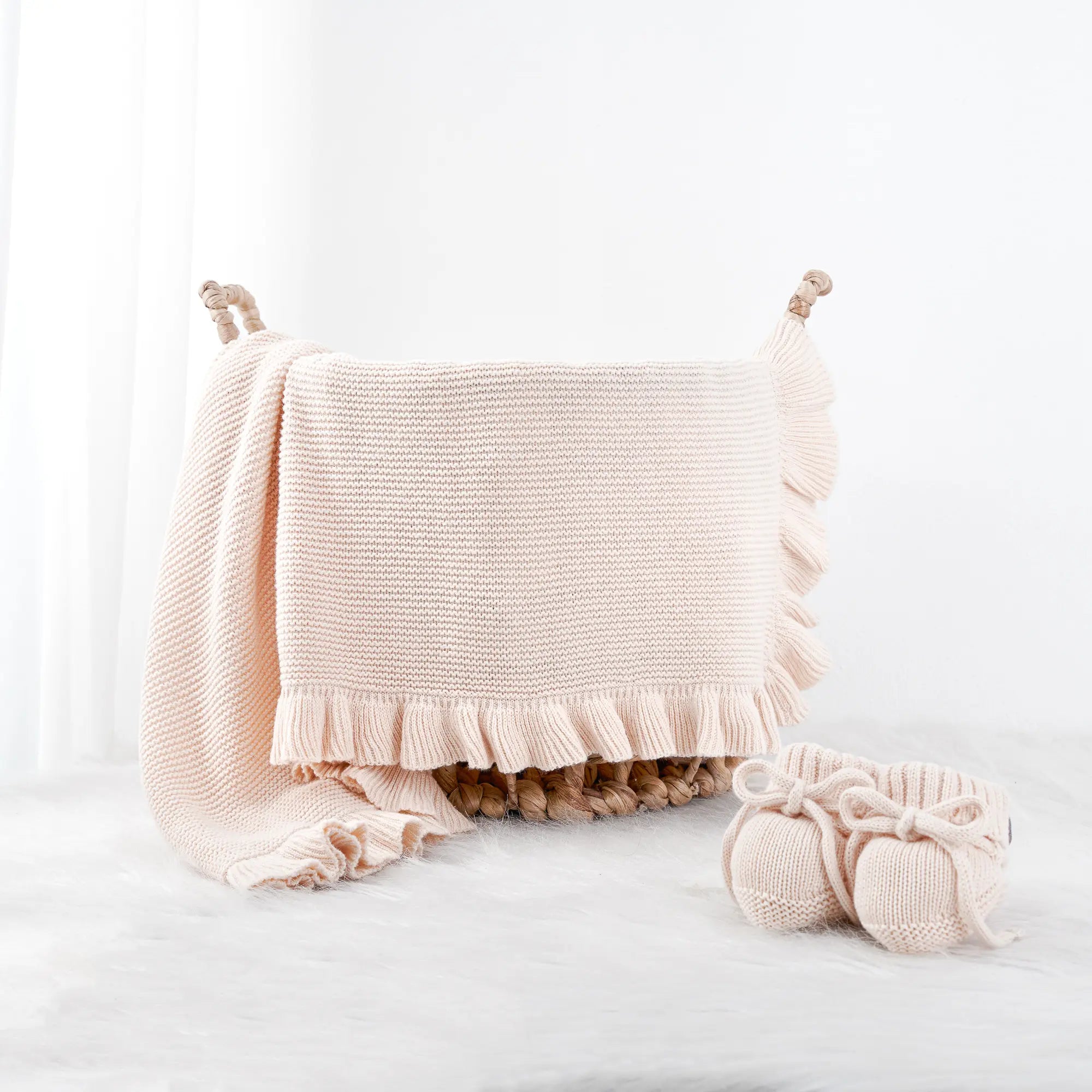 Ruffled Edge Knit Baby Blanket in Beige - Aaria Tees Aaria Tees