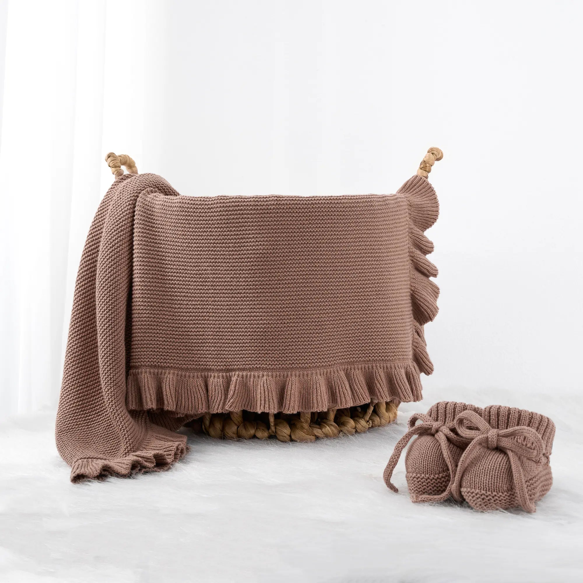 Ruffled Edge Knit Baby Blanket in Mocha - Aaria Tees Aaria Tees