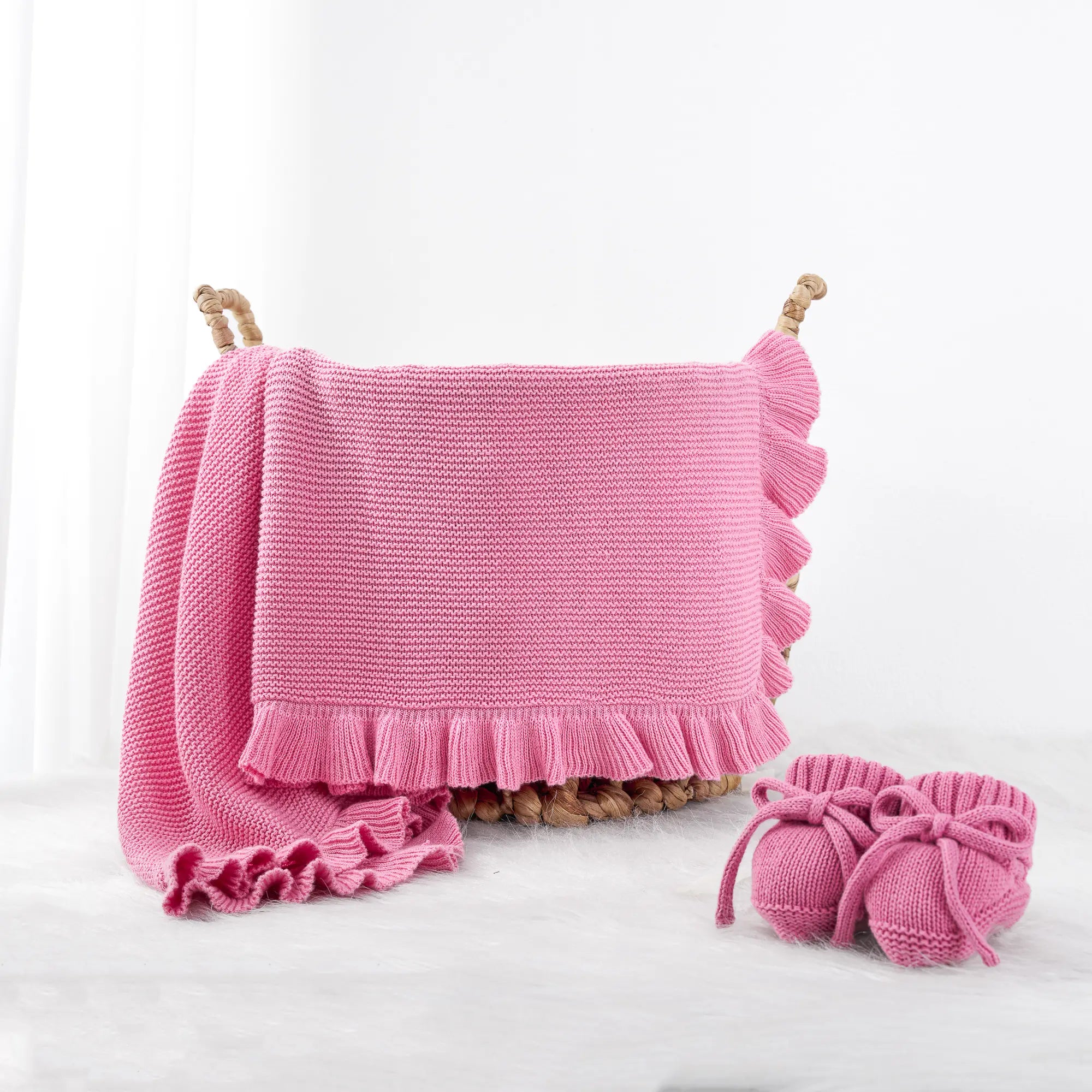 Ruffled Edge Knit Baby Blanket in Rose Pink - Aaria Tees Aaria Tees