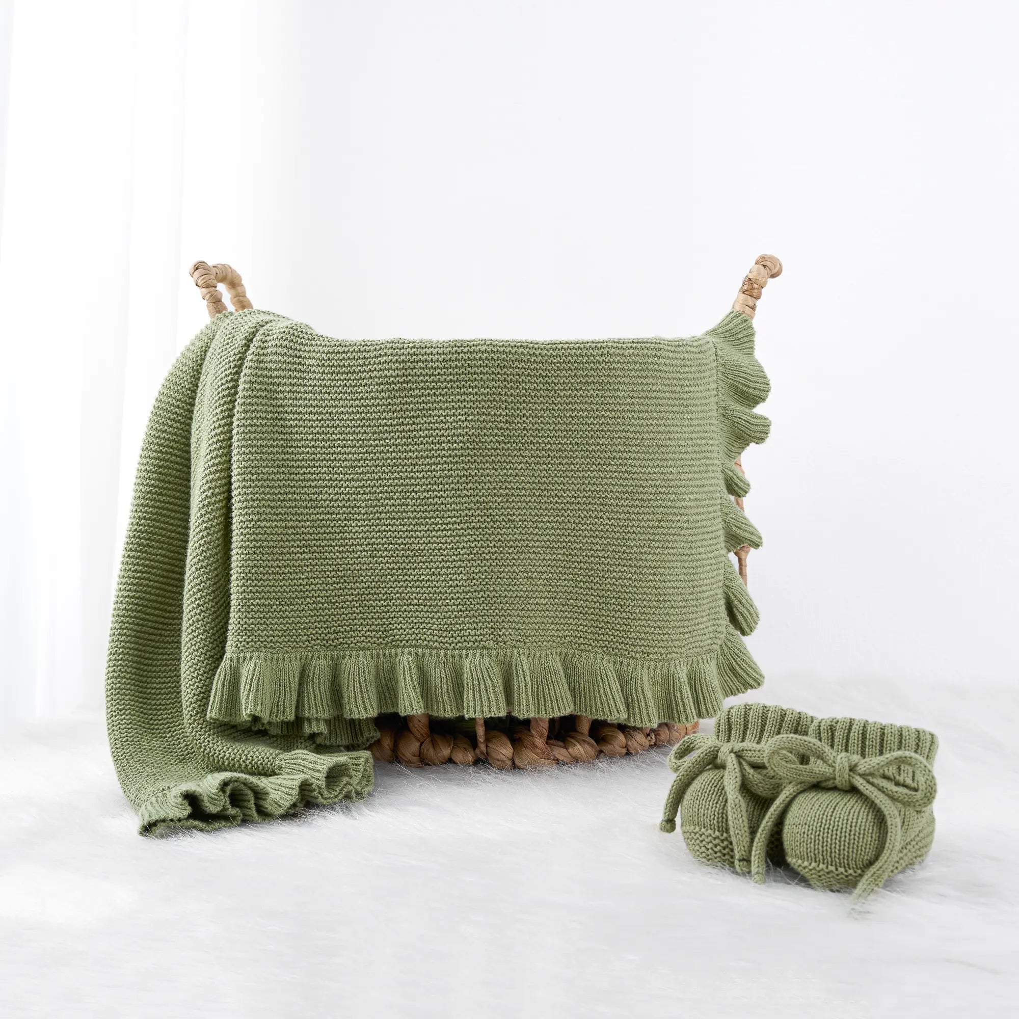 Ruffled Edge Knit Baby Blanket in Sage Green - Aaria Tees Aaria Tees