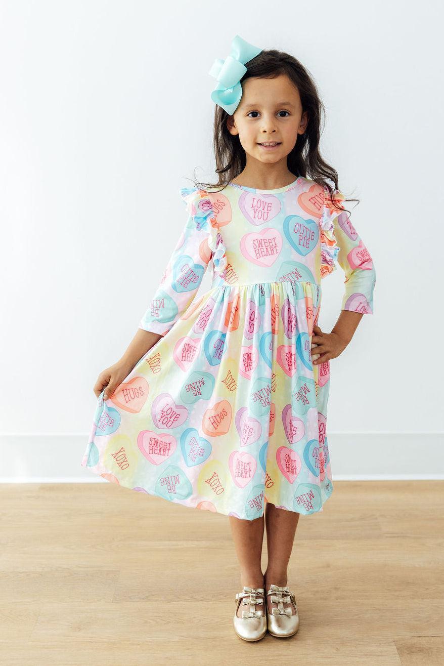Conversation Hearts 3/4 Sleeve Ruffle Twirl Dress - Aaria Tees Aaria Tees