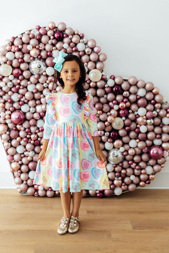 Conversation Hearts 3/4 Sleeve Ruffle Twirl Dress - Aaria Tees Aaria Tees