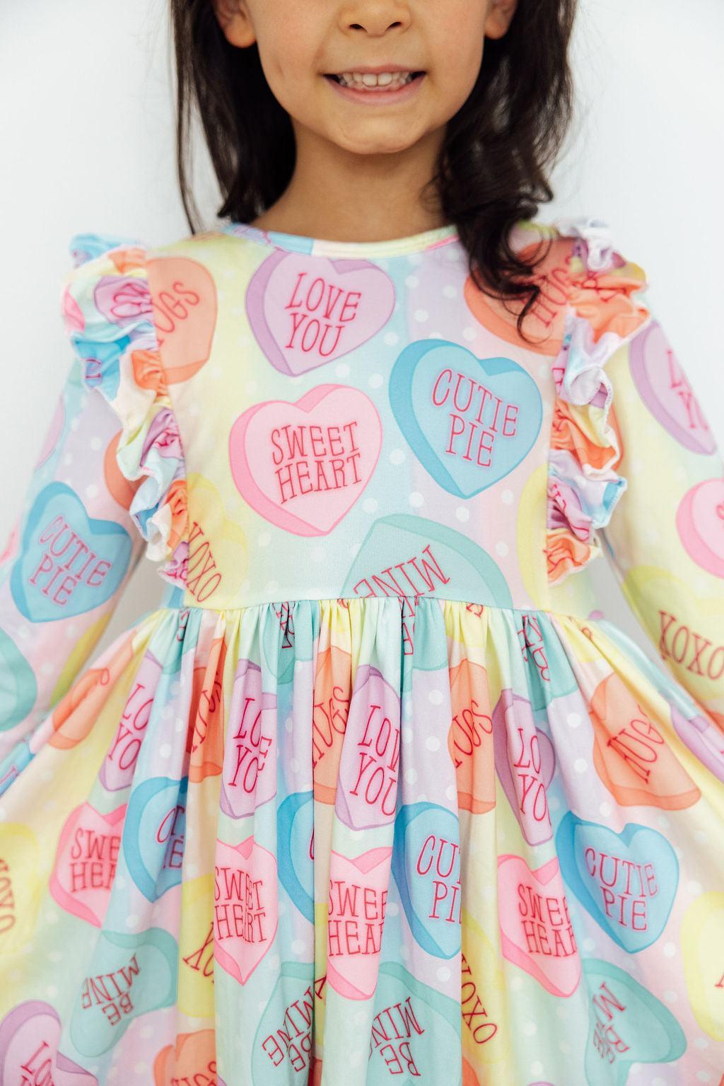 Conversation Hearts 3/4 Sleeve Ruffle Twirl Dress - Aaria Tees Aaria Tees