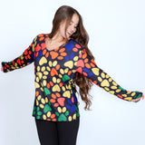 Colorful Paw Print Long Sleeve V-Neck Top - Aaria Tees Aaria Tees