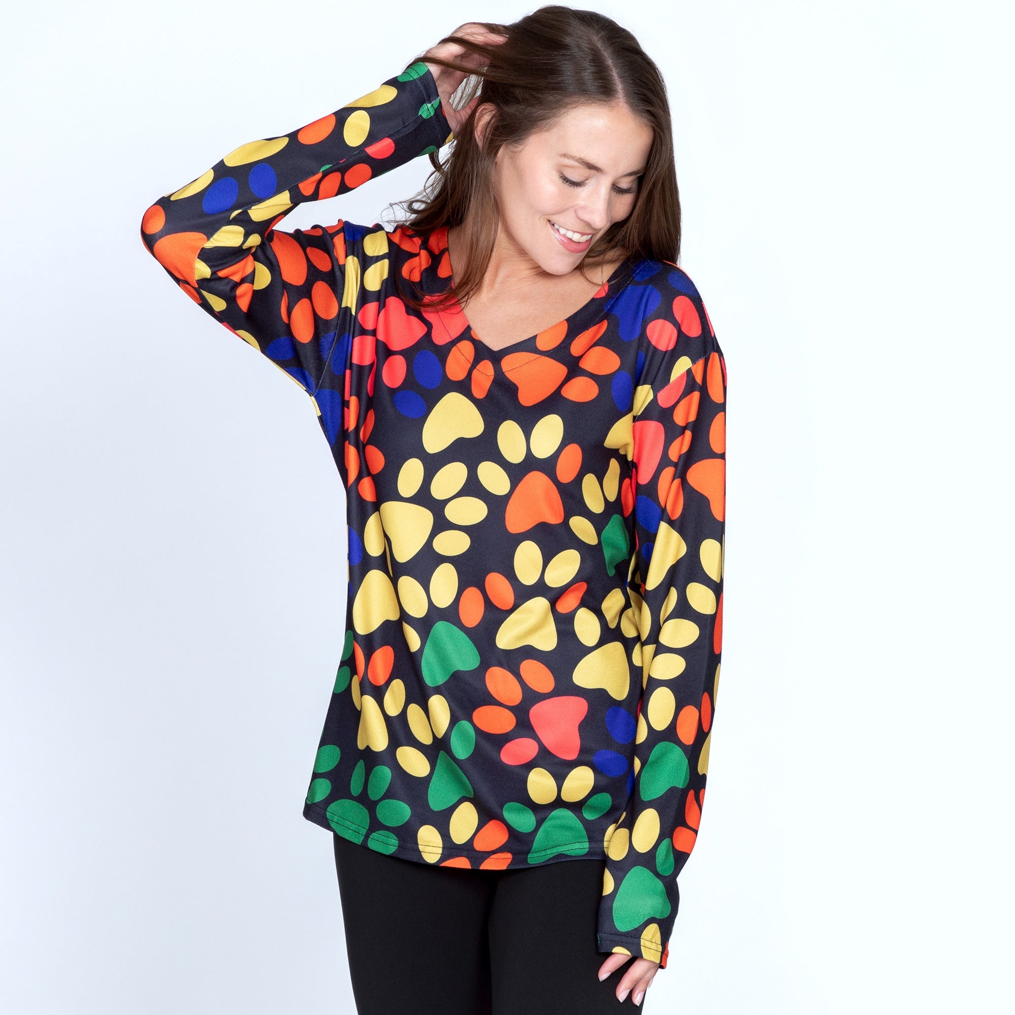 Colorful Paw Print Long Sleeve V-Neck Top - Aaria Tees Aaria Tees