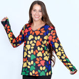 Colorful Paw Print Long Sleeve V-Neck Top - Aaria Tees Aaria Tees