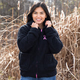 Pink Ribbon Plush Sherpa Fleece Zip Up Hooded Jacket - Aaria Tees Aaria Tees
