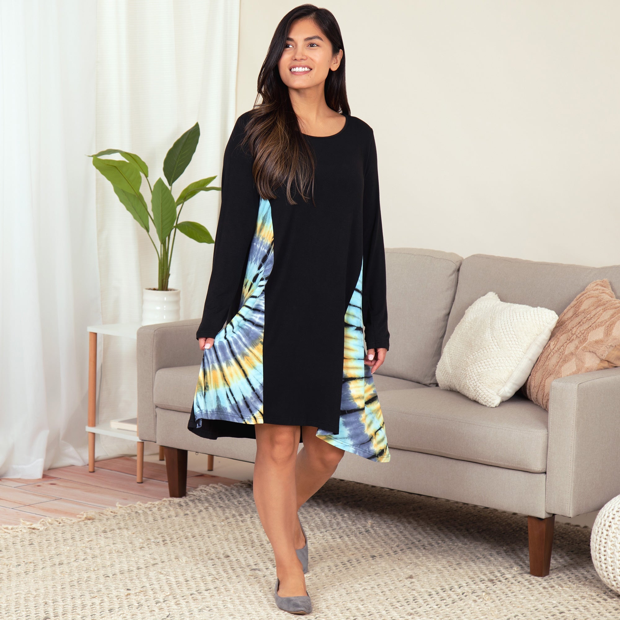Long Sleeve Tie-Dye Side Panel Dress - Aaria Tees Aaria Tees