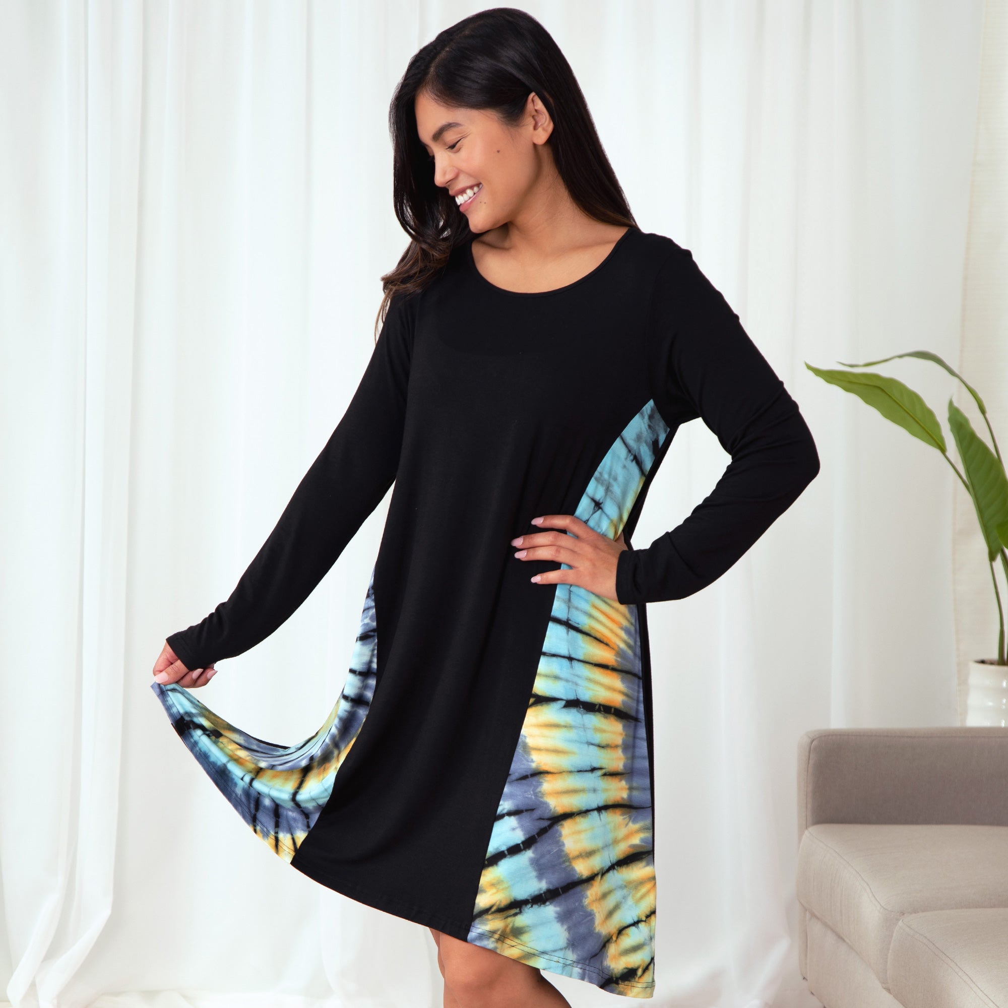 Long Sleeve Tie-Dye Side Panel Dress - Aaria Tees Aaria Tees
