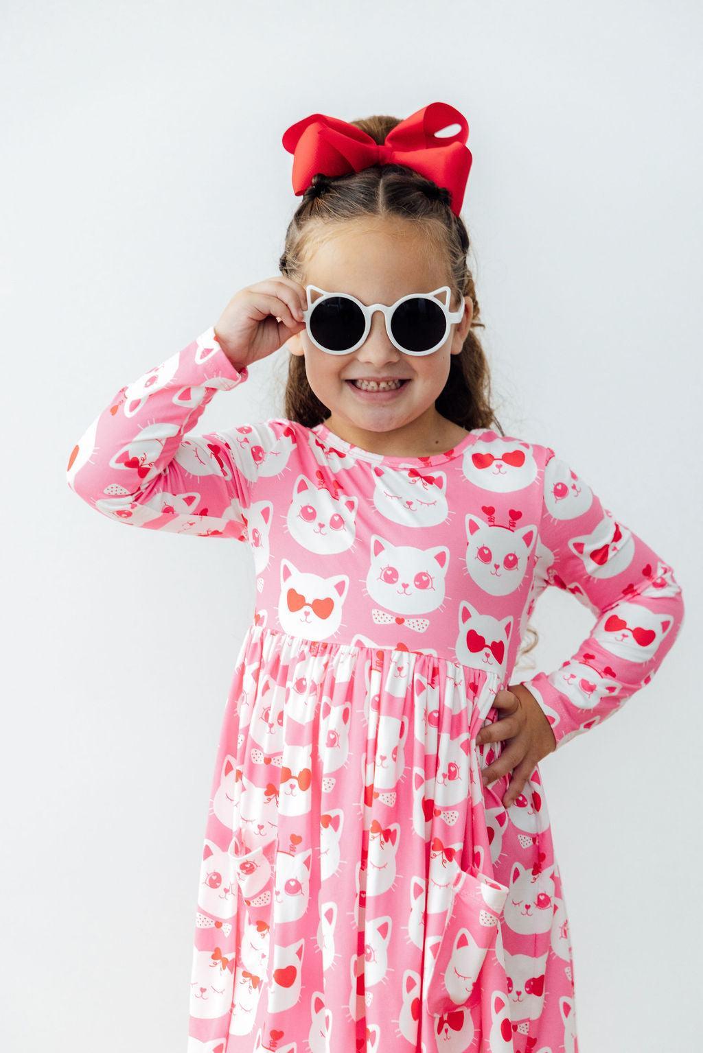 Cutie Cat L/S Pocket Twirl Dress - Aaria Tees Aaria Tees