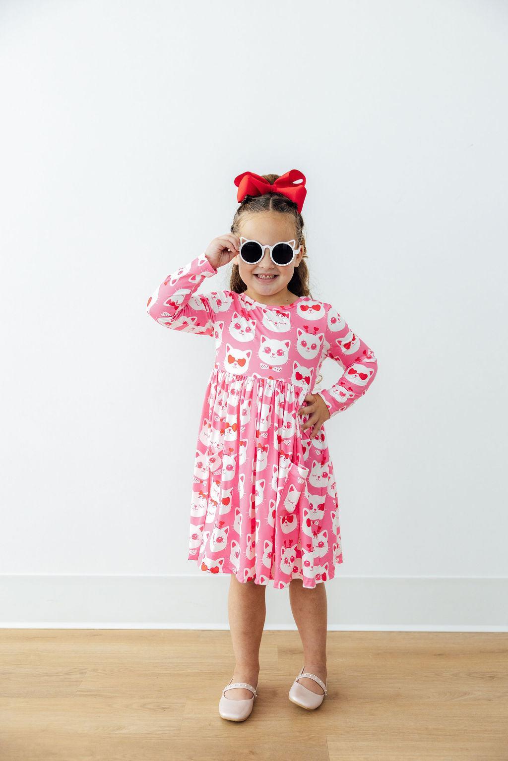 Cutie Cat L/S Pocket Twirl Dress - Aaria Tees Aaria Tees