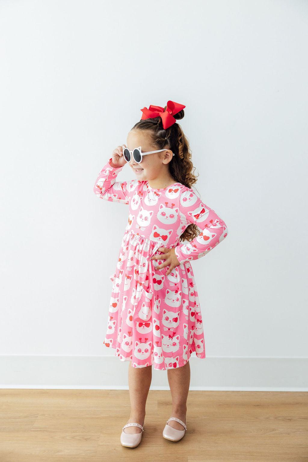 Cutie Cat L/S Pocket Twirl Dress - Aaria Tees Aaria Tees