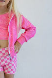 Pretty in motion- bubblegum check (jacket only) Aaria Tees
