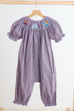 Purple castle hand smocked gingham girl romper Aaria Tees