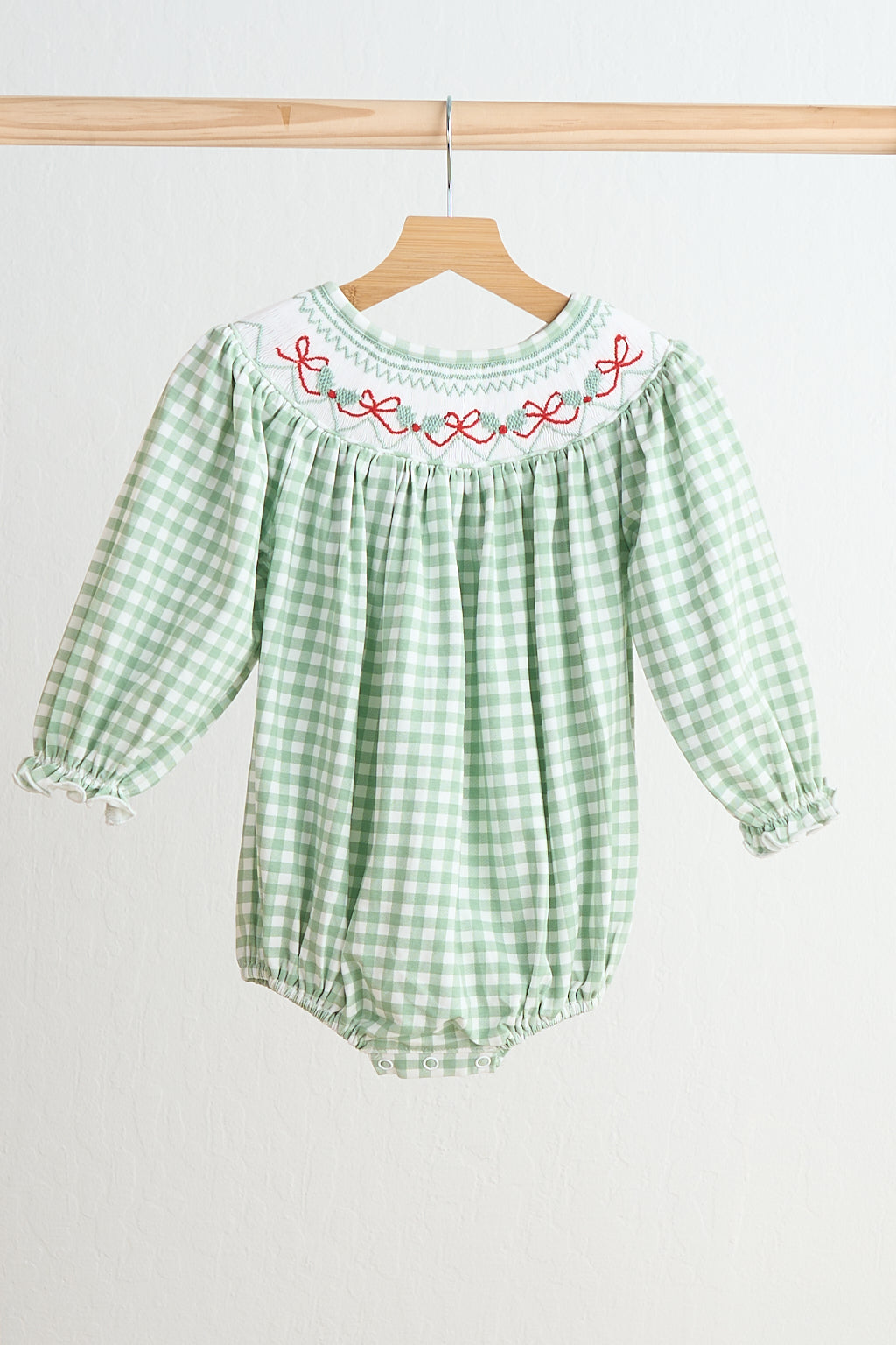 Green bow tie hand smocked gingham girl bubble - Aaria Tees