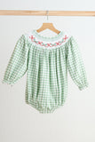 Green bow tie hand smocked gingham girl bubble - Aaria Tees Aaria Tees