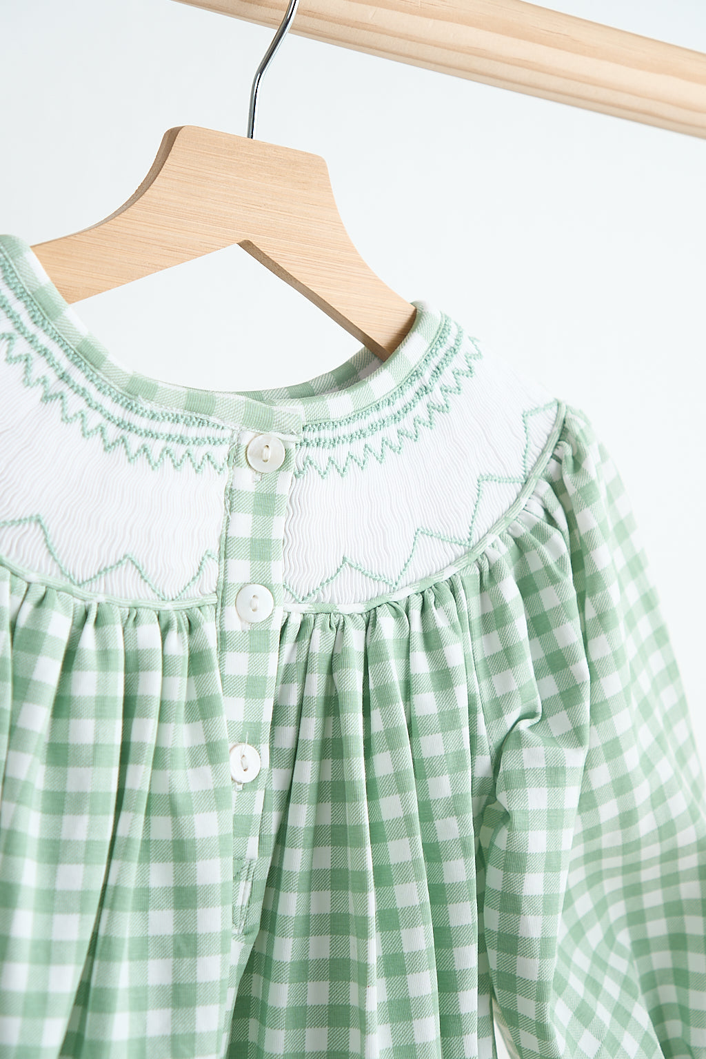 Green bow tie hand smocked gingham girl bubble - Aaria Tees Aaria Tees