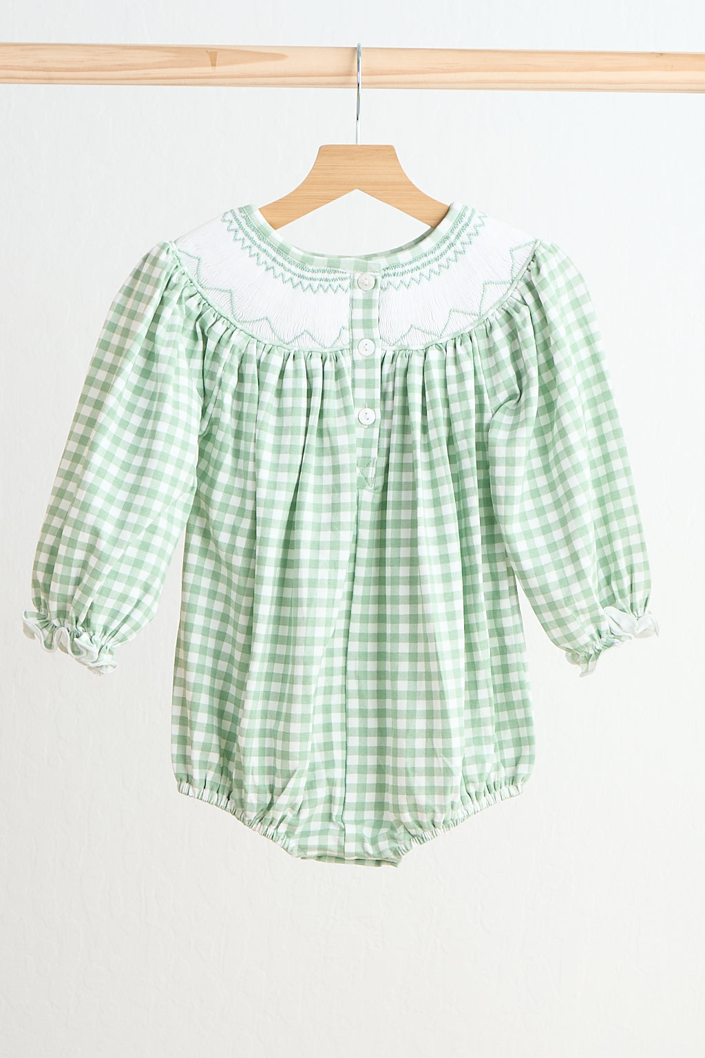 Green bow tie hand smocked gingham girl bubble - Aaria Tees Aaria Tees
