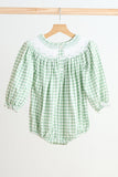 Green bow tie hand smocked gingham girl bubble - Aaria Tees Aaria Tees