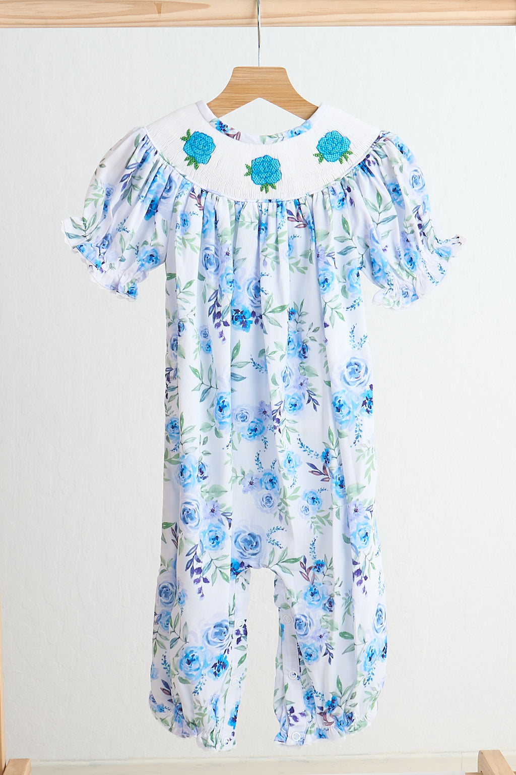 Blue rose hand smocked print girl romper - Aaria Tees Aaria Tees